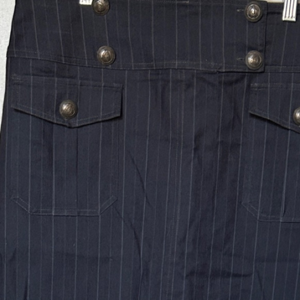 Cache Dark Navy Pinstripe Skirt with Button Detail